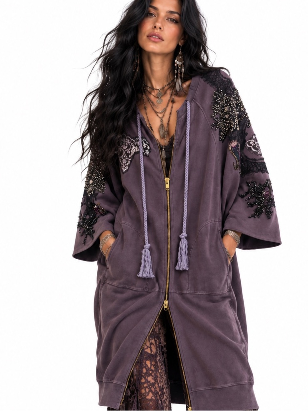 Free People Lavender Embellished Zip-Front Cardigan